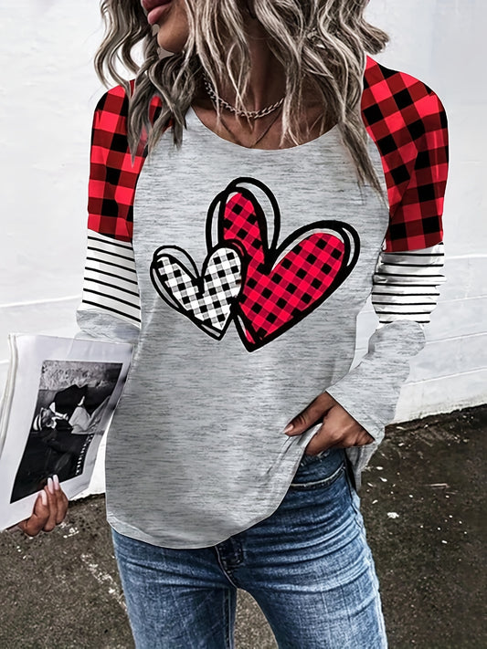 Plaid Heart & Stripe Print T-Shirt, Casual Long Sleeve Top For Spring & Fall, Women's Clothing